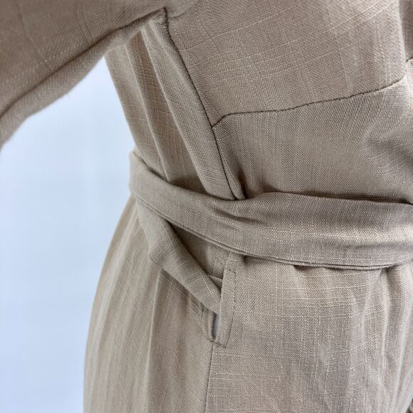 Menti Neutral Linen Blend Wrap Dress sz S Made in Greece Balloon Sleeves Ruffles - Picture 11 of 14